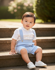 Asian baby boy in light blue romper with white Mao collar shirt seated on stairs