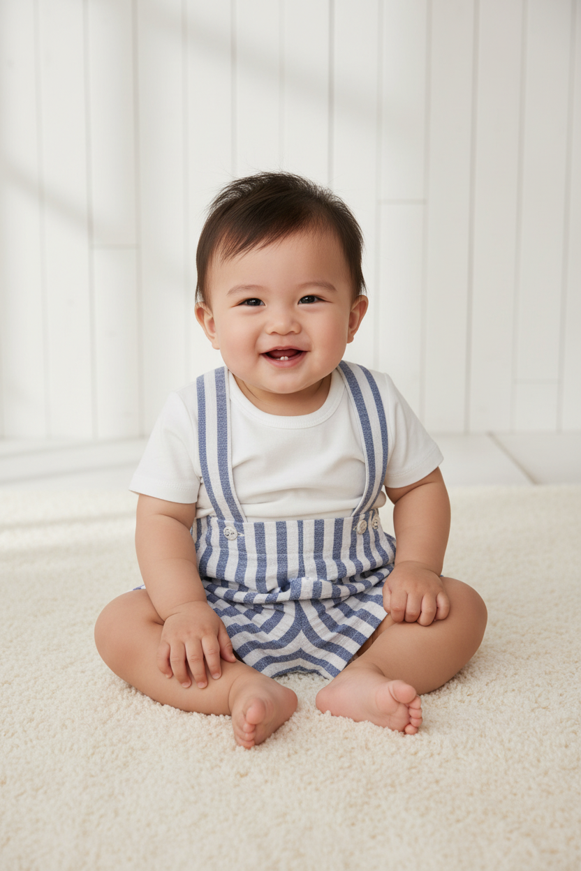 Asian Baby Boy in Stripe Suspender Shorts Studio Photo