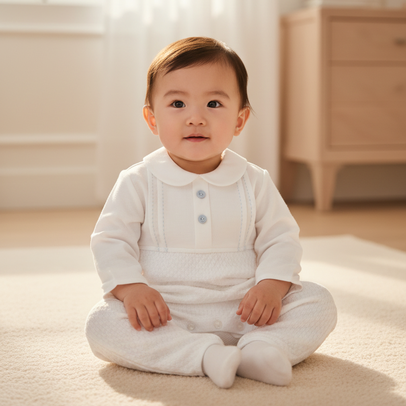 Asian baby boy in white romper with peter pan collar seated on carpet