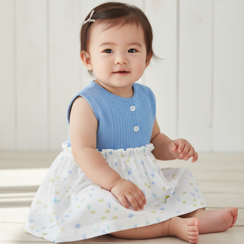Asian baby girl in blue and white floral dress seated outdoors with white wooden background