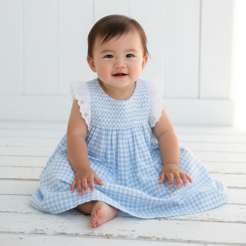 Asian baby girl in blue gingham dress seated outdoors with white wooden background