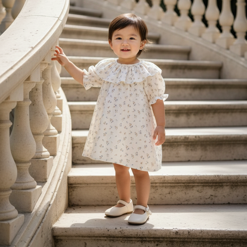 Asian baby girl in cream floral dress on circular staircase