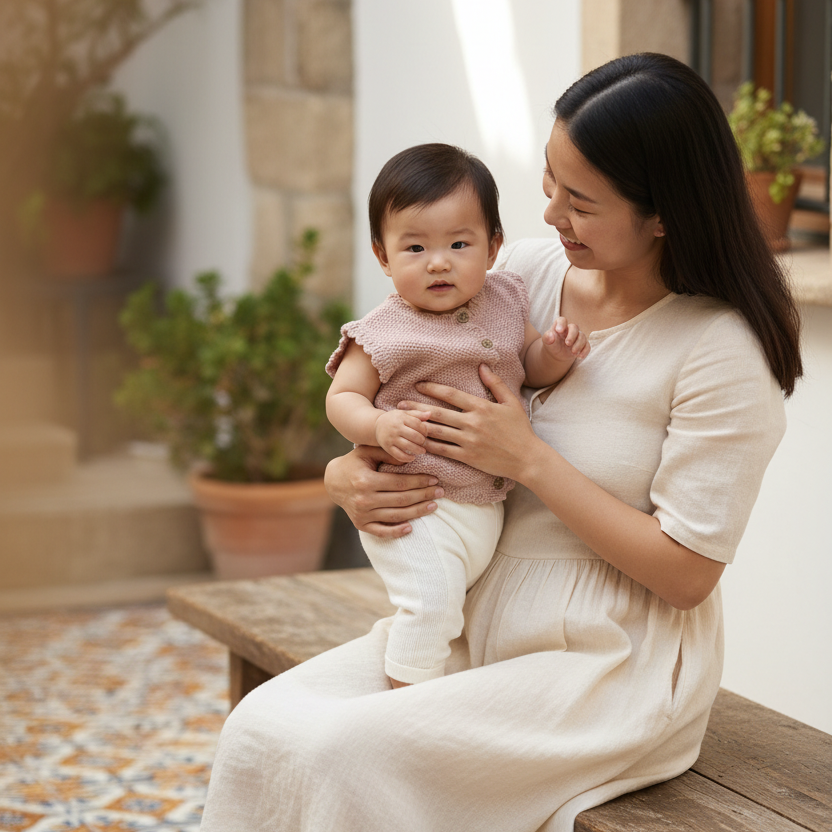 Asian baby girl in dusty pink knitted vest and white pants held by Asian mother on wooden bench over Spanish tiles