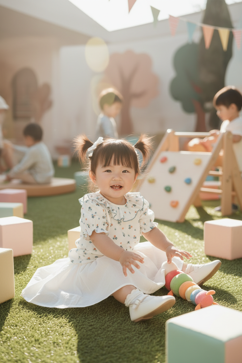 Asian baby girl in floral blouse outdoor