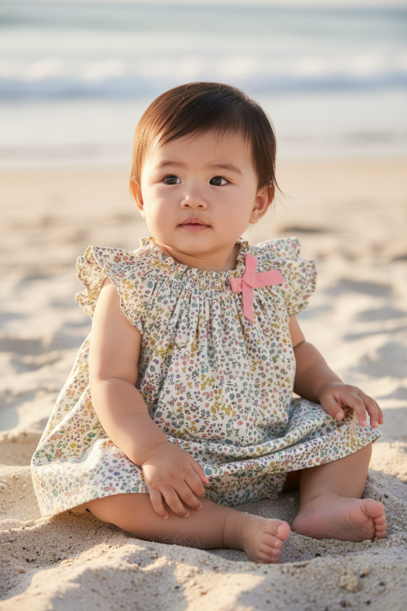 Asian baby girl in Liberty floral dress with bloomers seated on sand