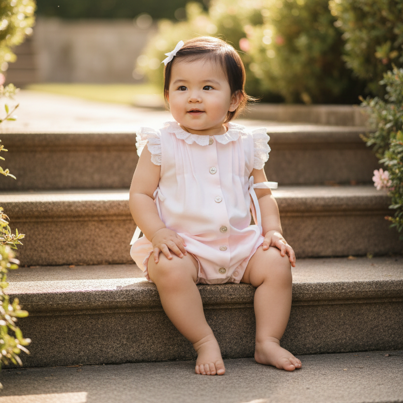 Asian baby girl in pale pink romper with white lace details seated on stairs
