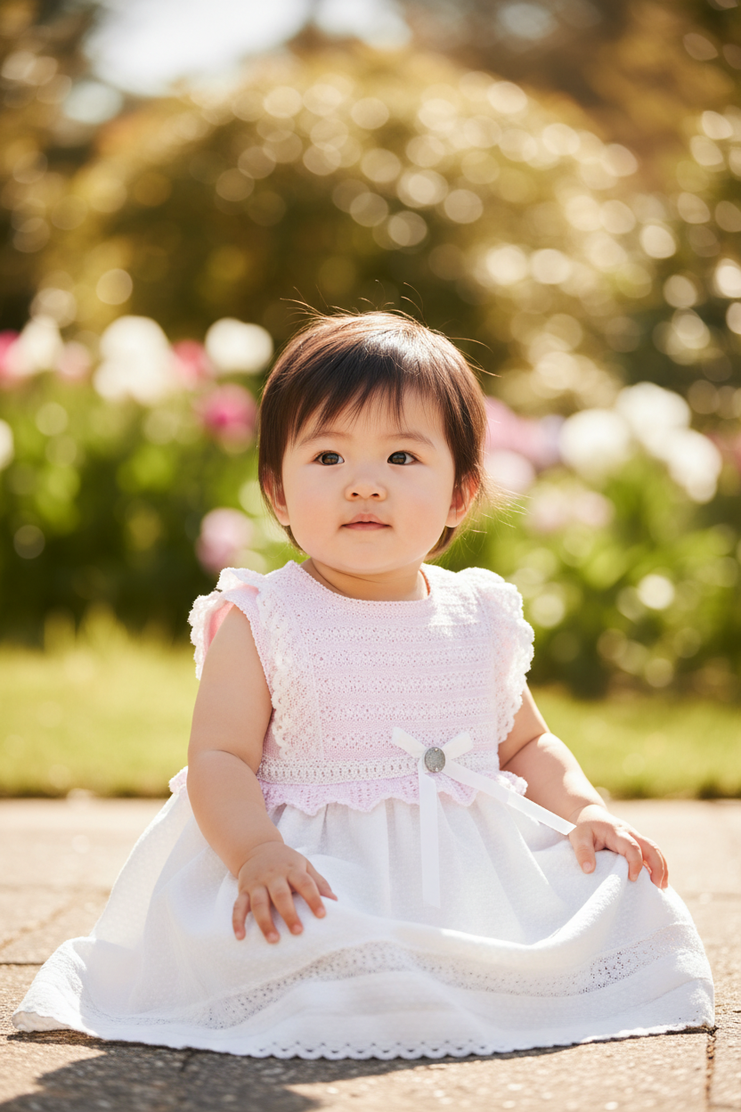 Asian baby girl in pink and white eyelet dress seated outdoors