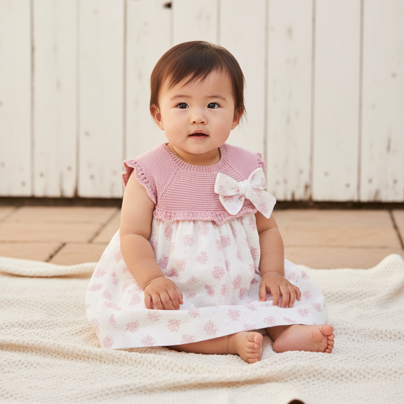 Asian baby girl in pink and white floral dress seated outdoors with white wooden background