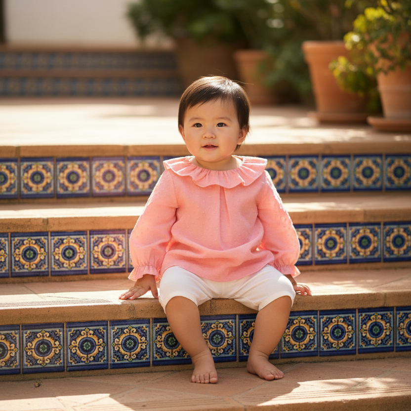 Asian Baby Girl in Pink Blouse on Spanish Patio