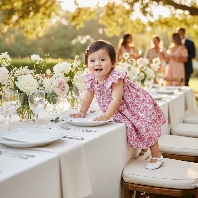 Asian baby girl in pink floral dress at garden celebration