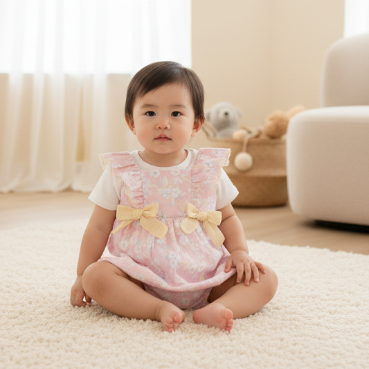 Asian baby girl in pink floral romper with white shirt seated in nursery