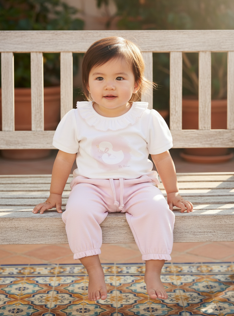 Asian baby girl in pink pants and white teddy bear top on wooden bench over Spanish tiles
