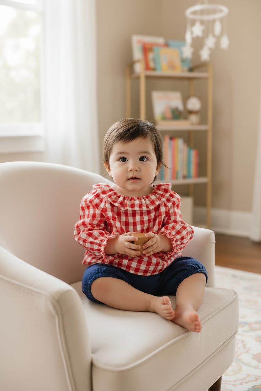 Asian baby girl in red gingham blouse with blue bloomers