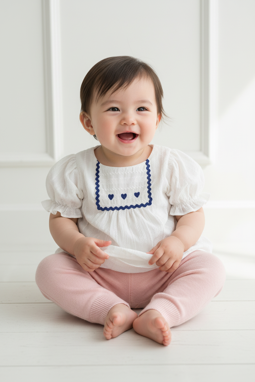 Asian baby girl in white embroidered blouse lifestyle photo