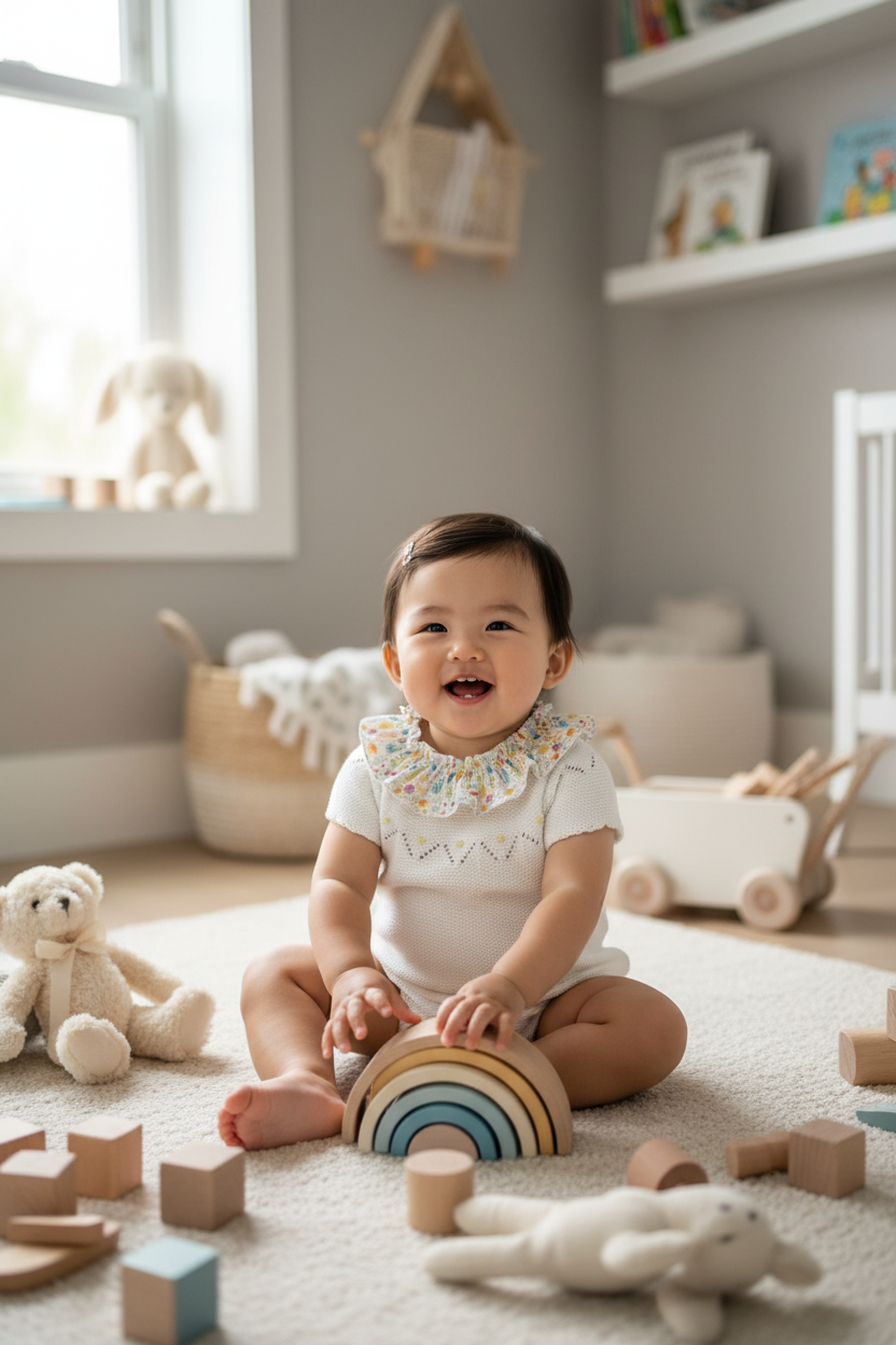 Asian baby girl in white knit romper in playroom