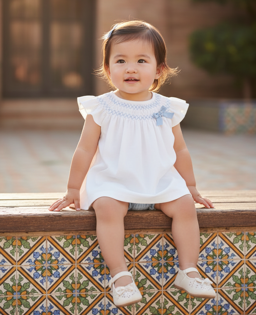 Asian baby girl in white smocked top with light blue bloomers on wooden bench over Spanish tiles