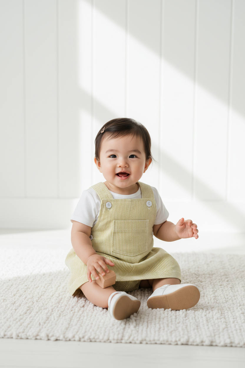 Asian baby girl in yellow stripe dungaree dress with white blouse