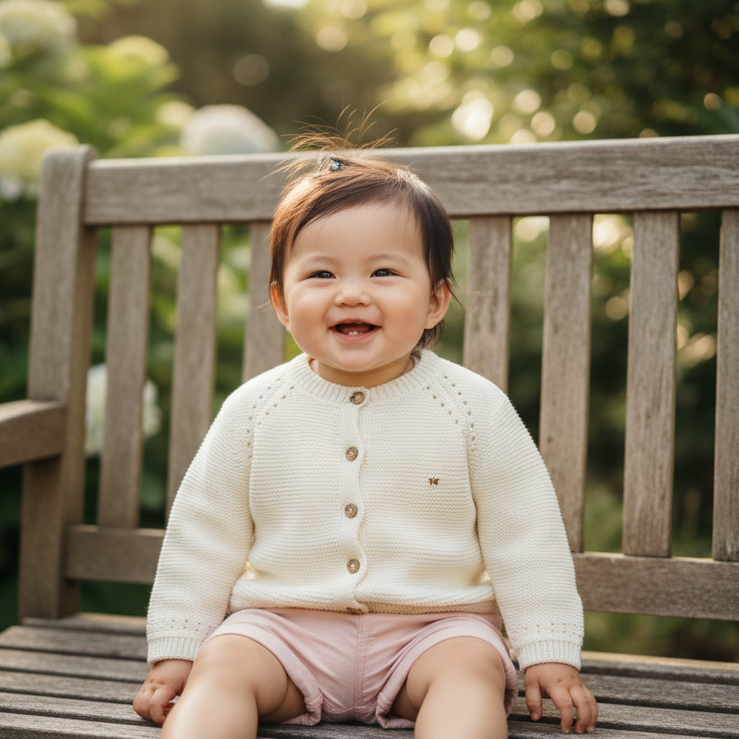 Asian baby girl wearing cream cardigan with pink shorts on outdoor bench