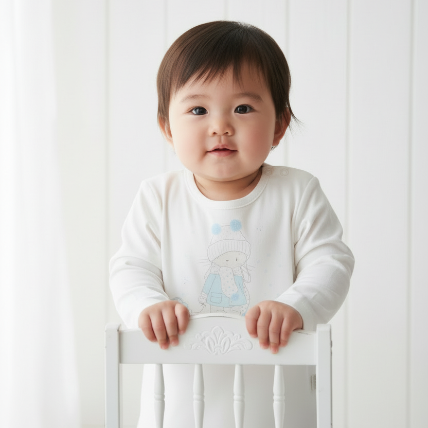 Asian baby in white bear graphic shirt without blue bow