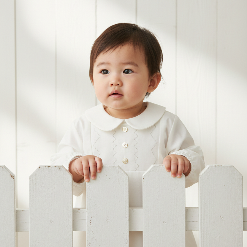 Asian baby in white peter pan collar blouse with white wooden background
