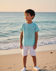 Asian Boy Beach Lifestyle — Aqua Linen Shirt