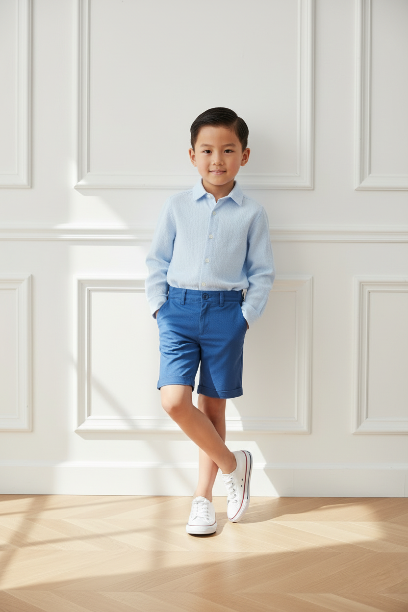 Asian Boy Blue Outfit Relaxed Pose White Sneakers