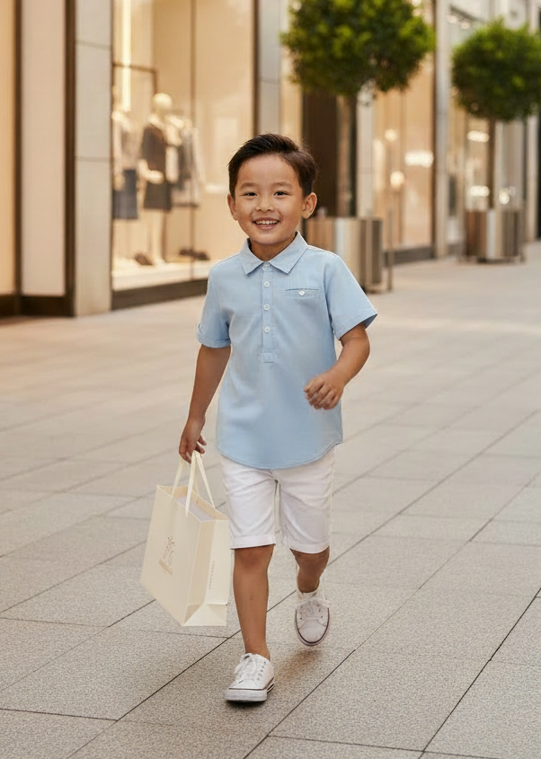 Asian boy in blue polo holding MIBONBóN bag in city
