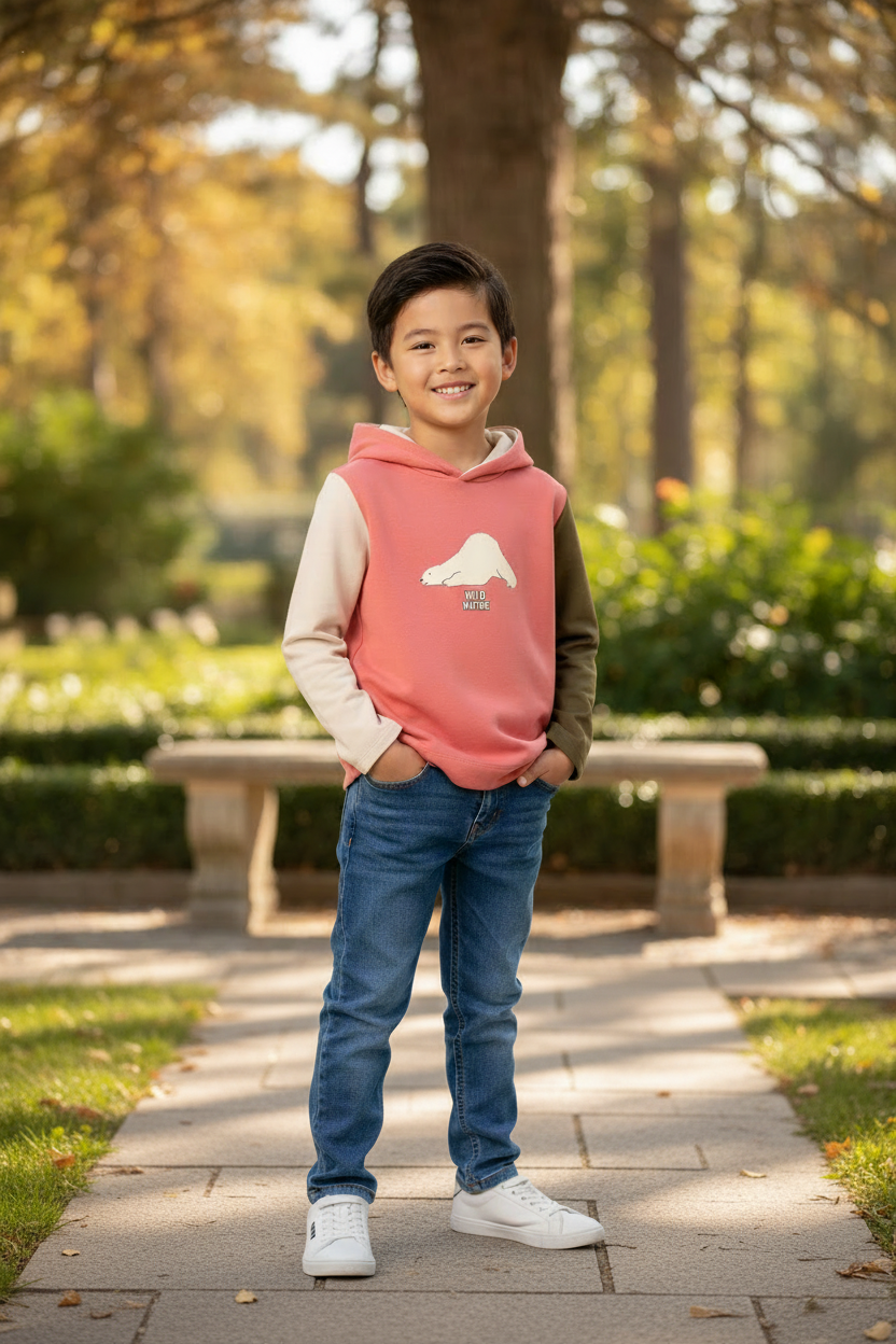 Asian boy in colorblock hoodie with jeans outdoors