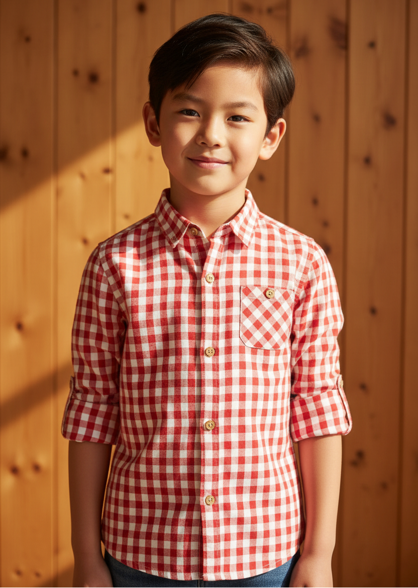 Asian boy in red gingham check shirt with wooden background
