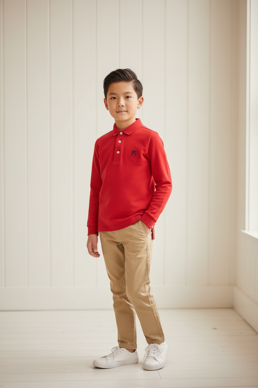 Asian boy in red polo shirt indoors with white wooden background