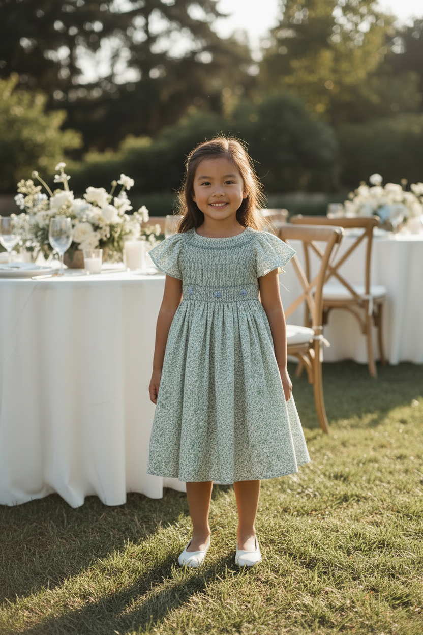 Asian girl facing front in sage green smocked dress at celebration