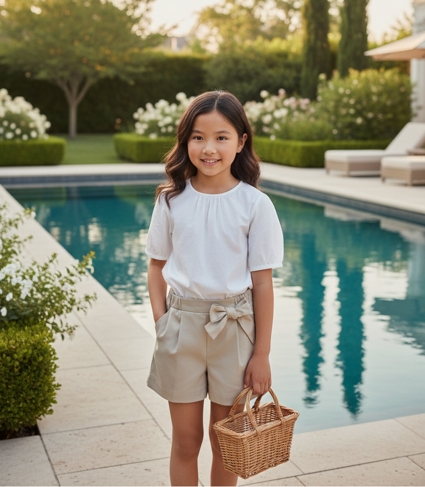 Asian girl in beige shorts with bow and white blouse in backyard with pool