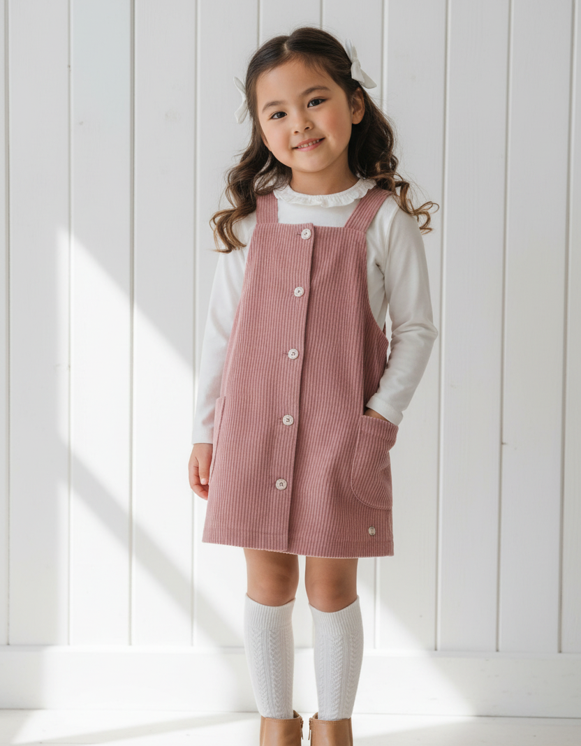 Asian girl in dusty pink corduroy pinafore dress with white wooden background