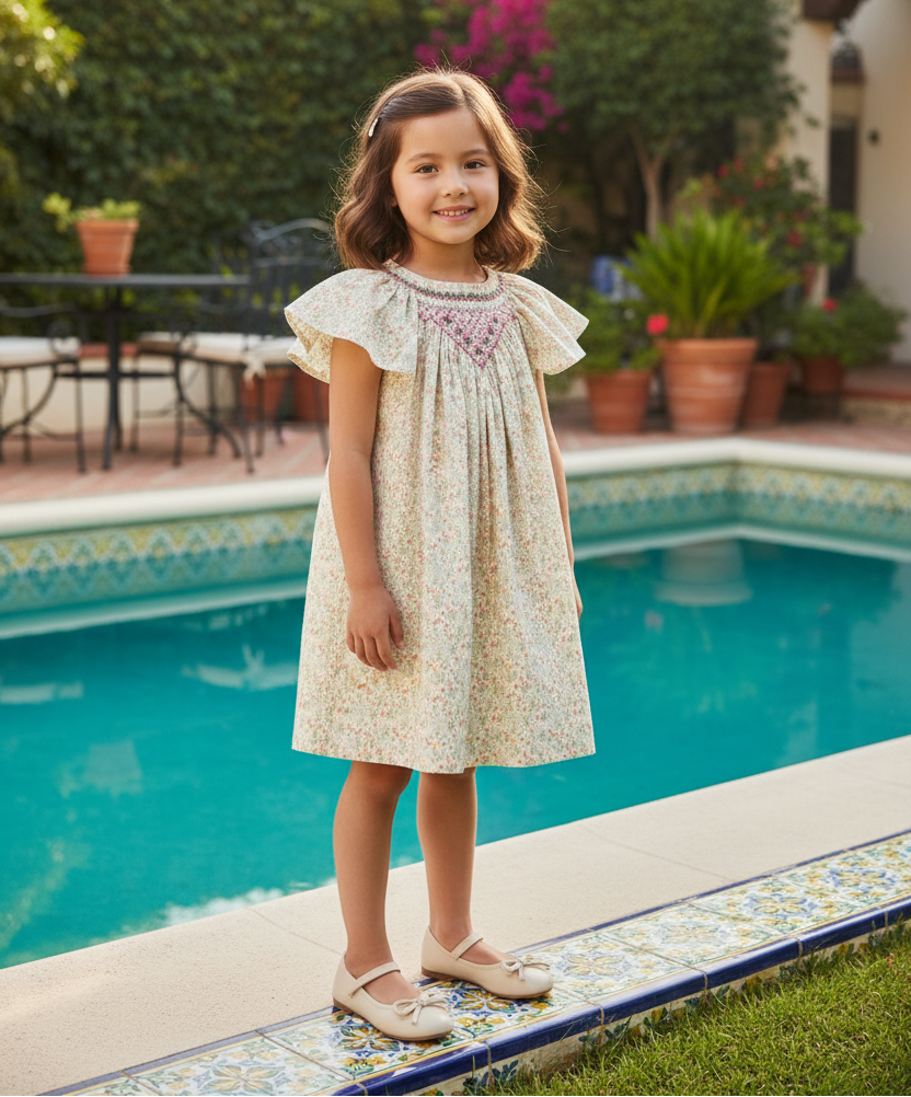 Asian girl in floral dress backyard pool Spanish tiles