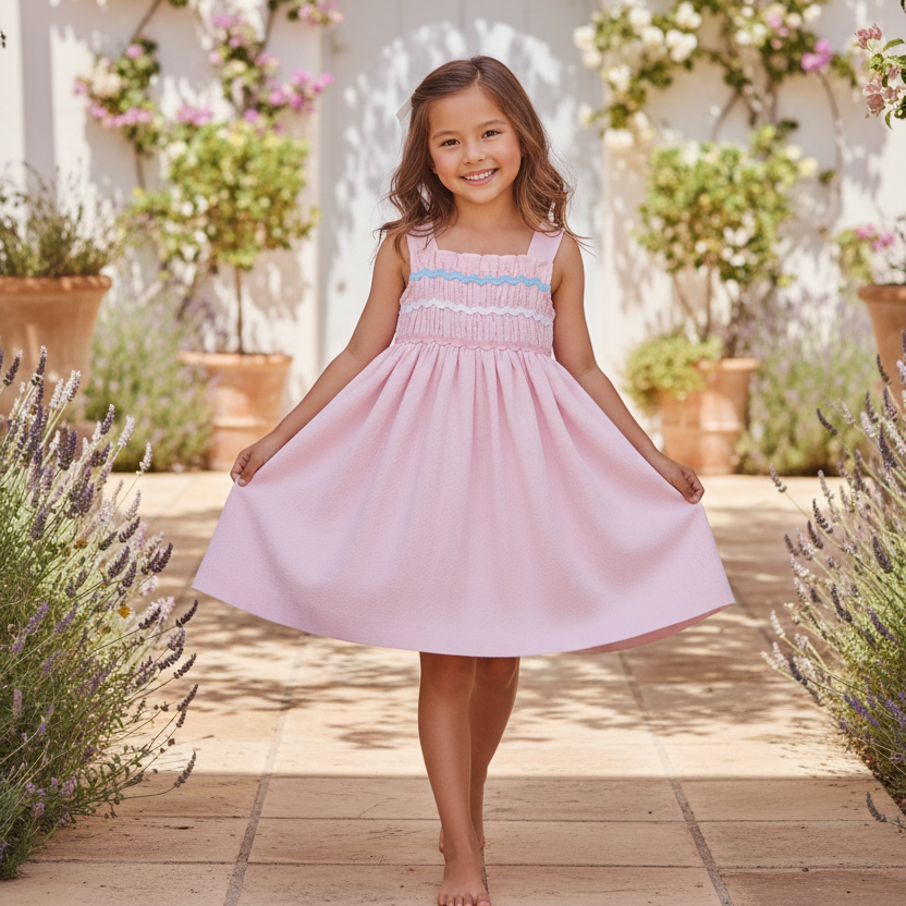 Asian girl in pink smocked dress
