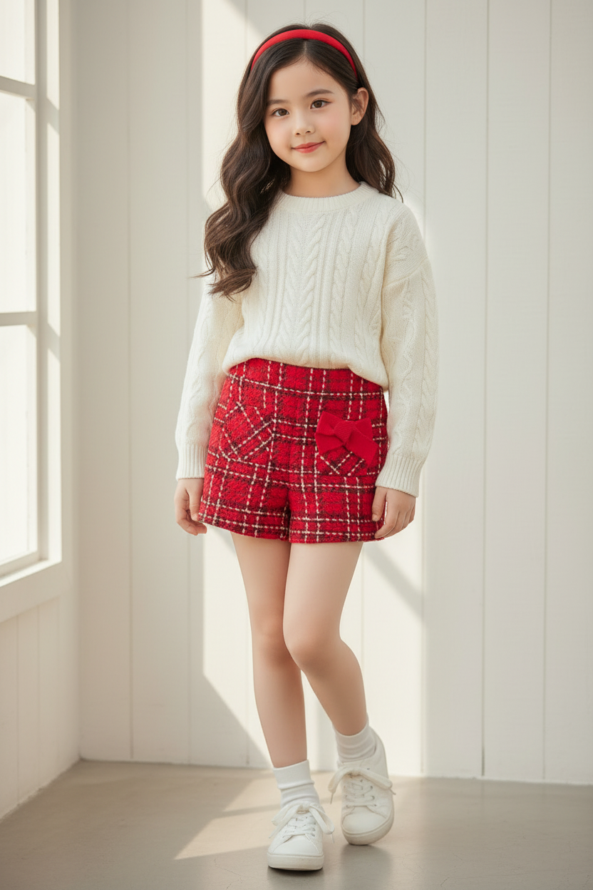 Asian girl in red tweed shorts indoors with white wooden background