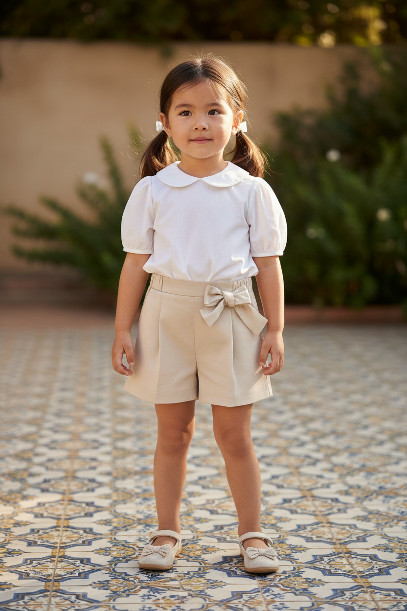 Asian girl in shorts with white blouse on Spanish tiles