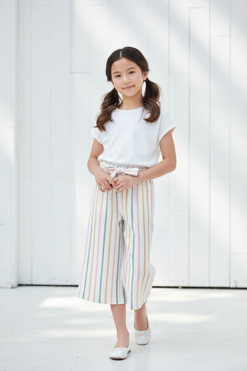 Asian girl in striped culottes with white blouse