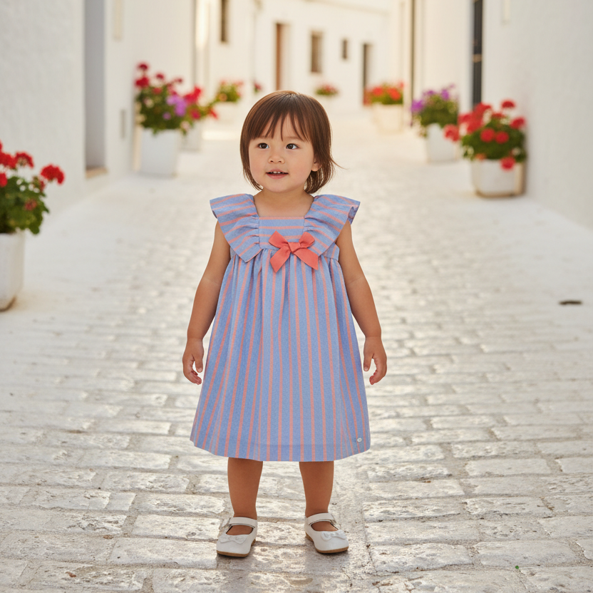 Asian Girl in Striped Dress on Spanish Village Street