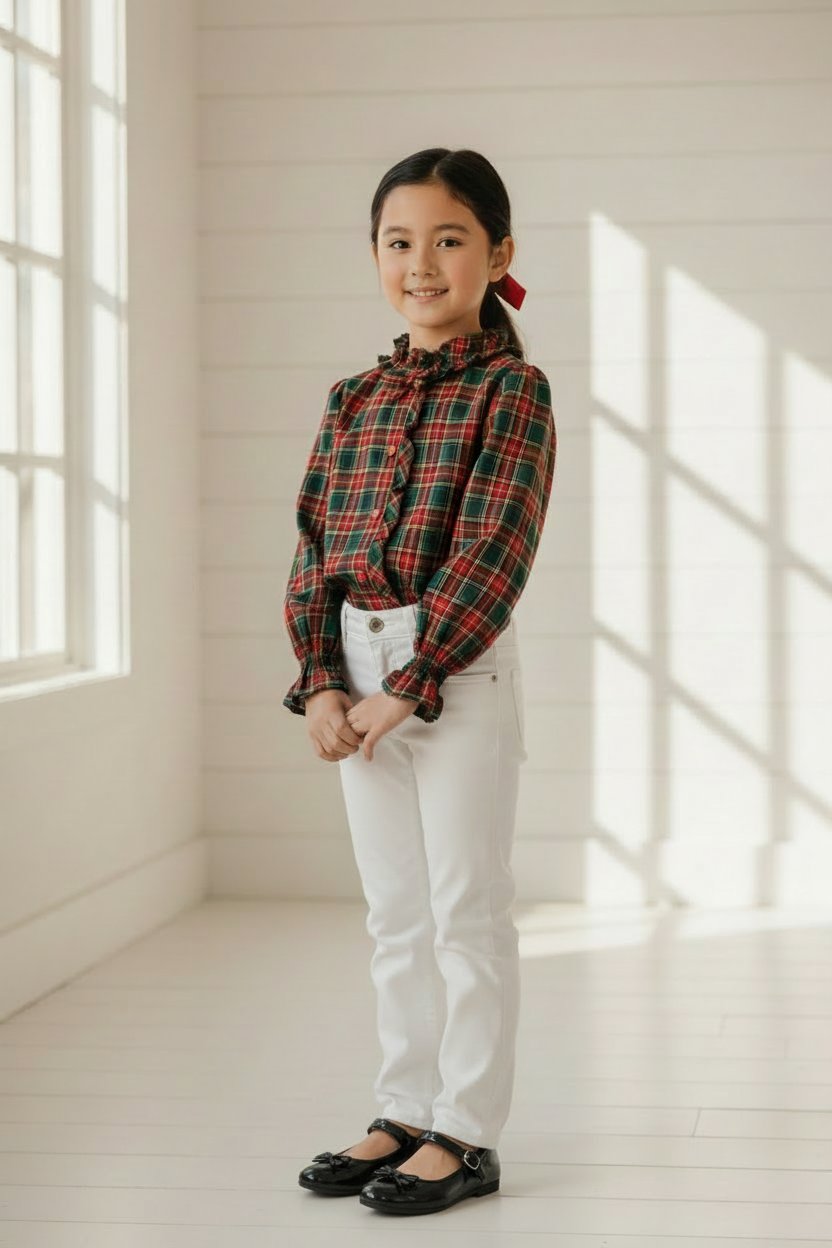 Asian girl in tartan plaid blouse with white pants and elegant shoes
