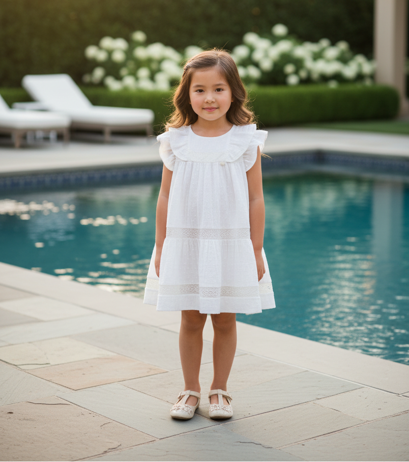 Asian girl in white dress with lace trim in backyard with pool