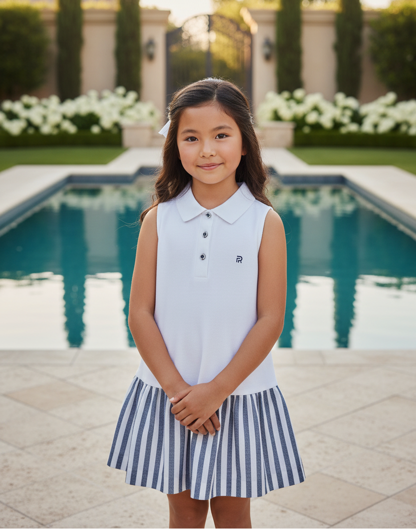 Asian girl in white polo dress with navy striped skirt in backyard with pool