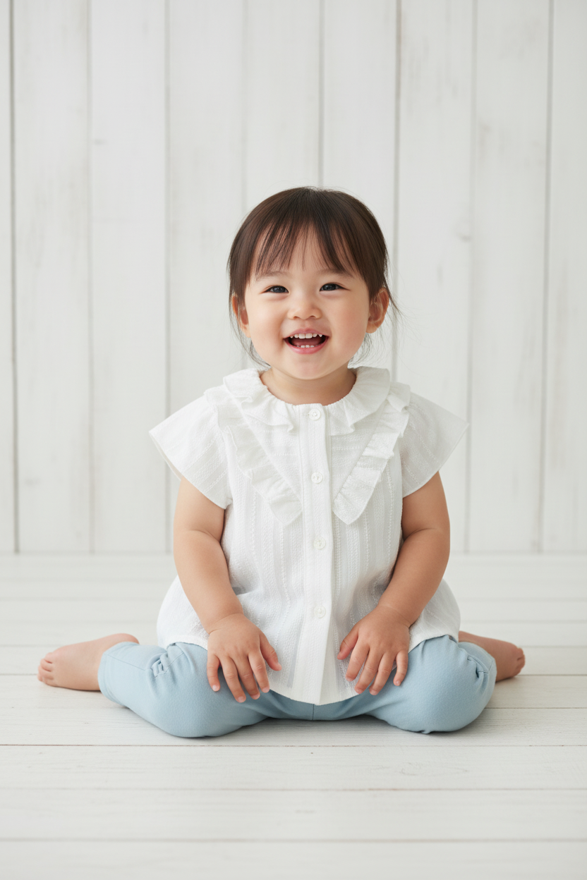 Asian Girl in White Ruffle Blouse Studio Photo