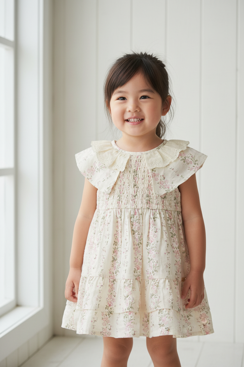 Asian girl wearing cream floral dress on white wooden background