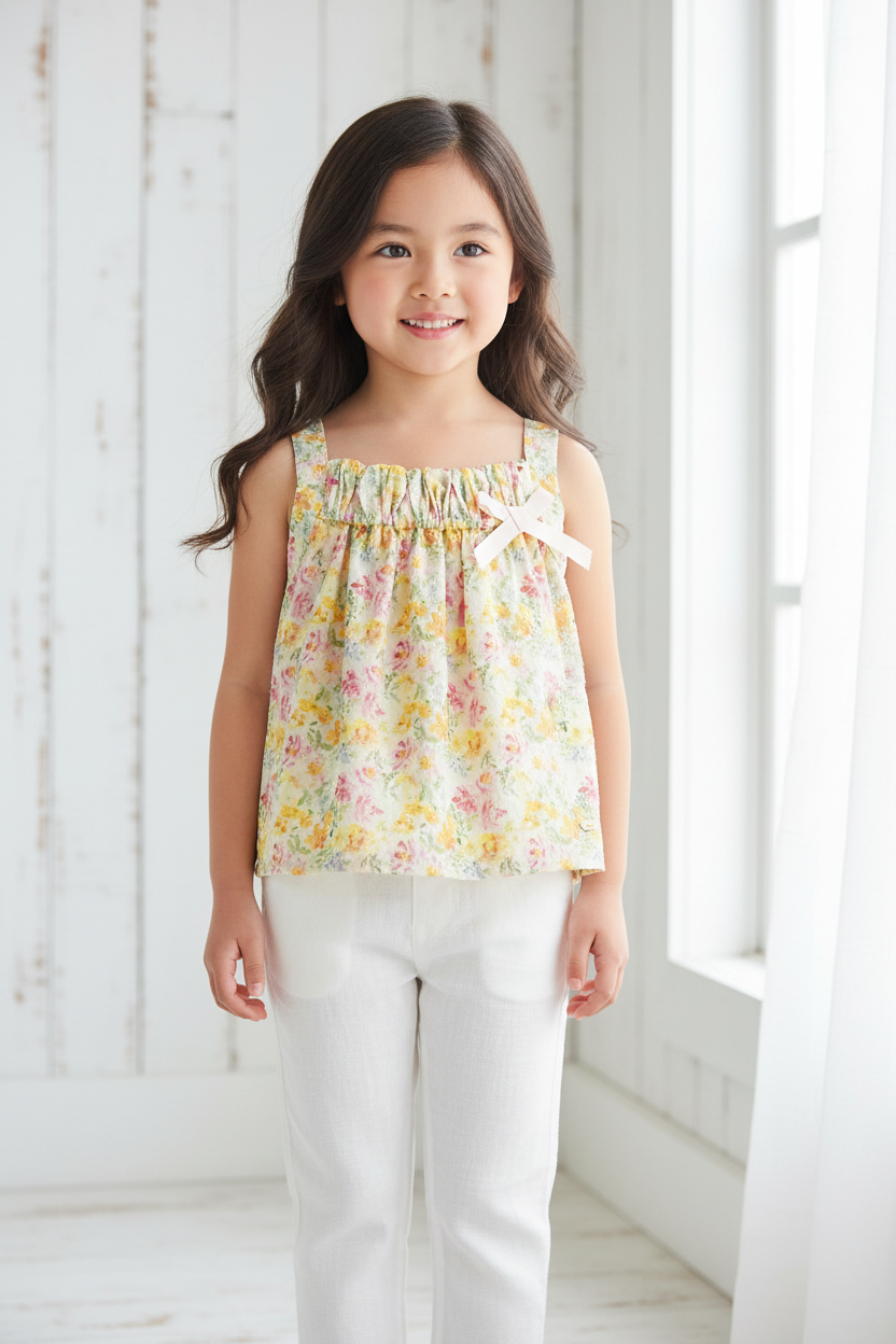 Asian girl wearing floral top with white pants on white wooden background