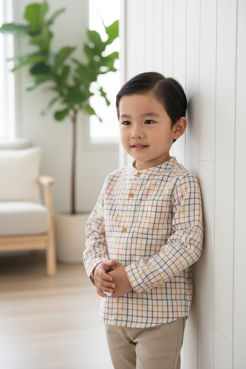 Asian little boy in multicolor plaid shirt with white wood background