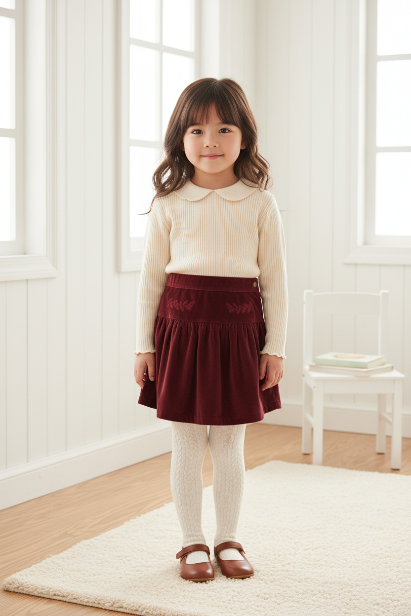 Asian little girl in burgundy velvet skirt with white wood background