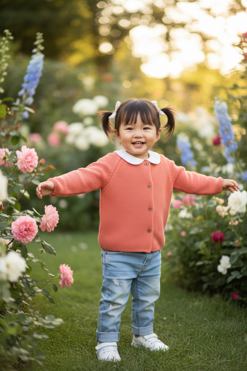 Asian toddler girl in coral cardigan outdoors in garden