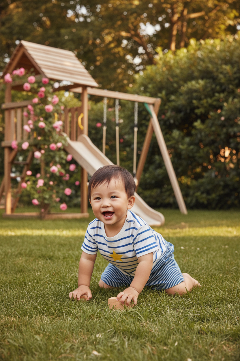 Baby Boy in Striped Set - Outdoor Play Area