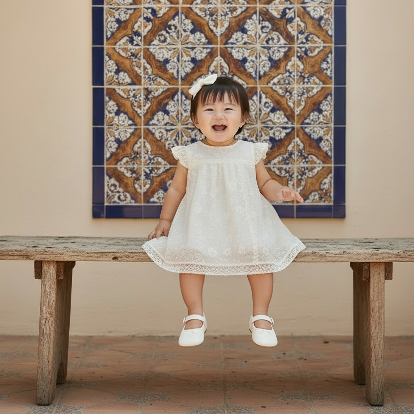 Baby Girl in Ivory Dress with Flat Shoes